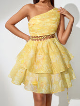 Slanted Shoulder A-line Cutout Dress